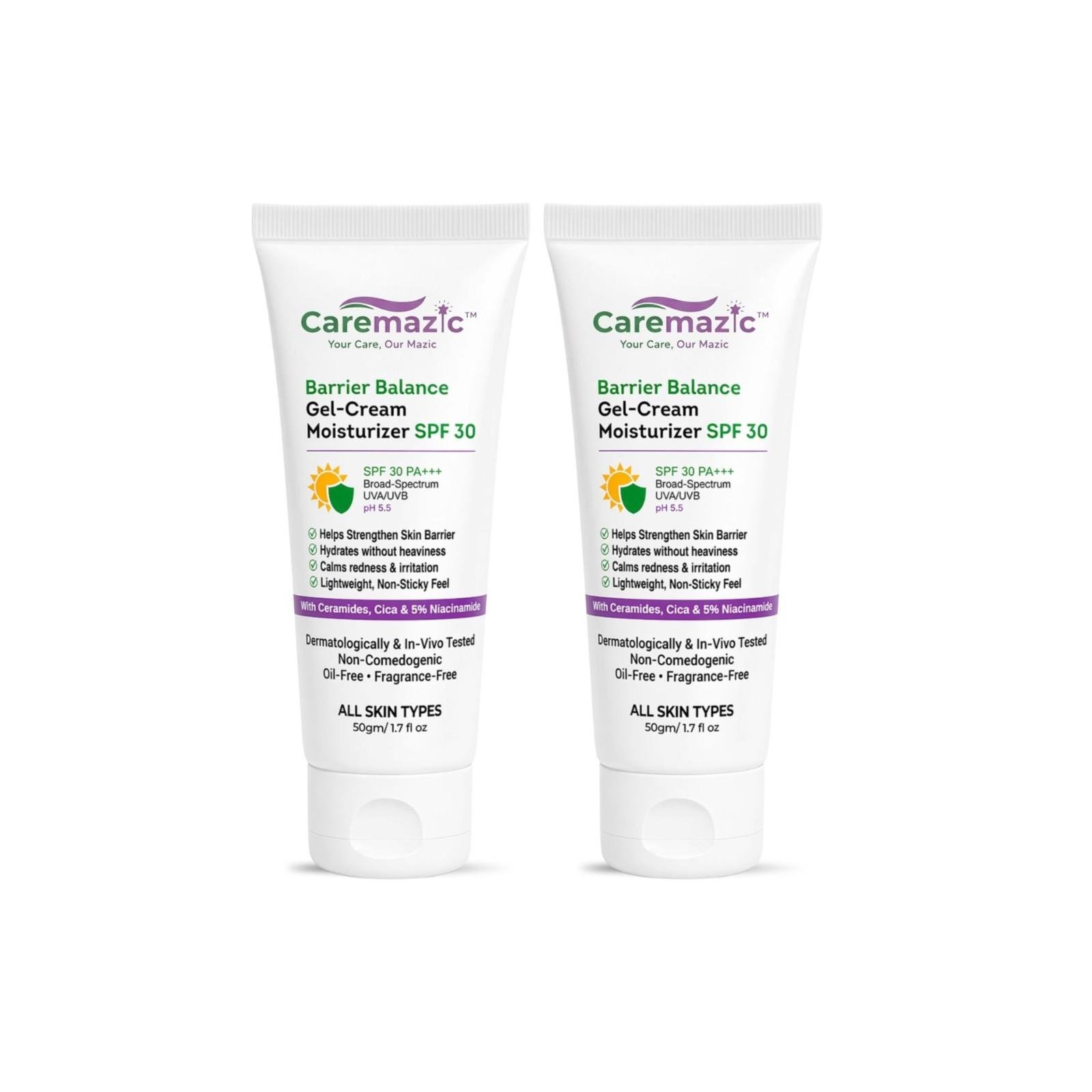 Barrier Balance Gel-Cream Moisturizer SPF 30 PA+++ | 5% Niacinamide, Ceramides & Cica | Oil-Free Non-Comedogenic Barrier Repair Face Cream | All Skin Types | Pack of 2 (50g Each) 1 Pack of two Caremazic Barrier Balance Gel-Cream Moisturizers with SPF 30 PA+++, featuring key ingredients 5% Niacinamide, Ceramides, and Cica for oil-free barrier repa