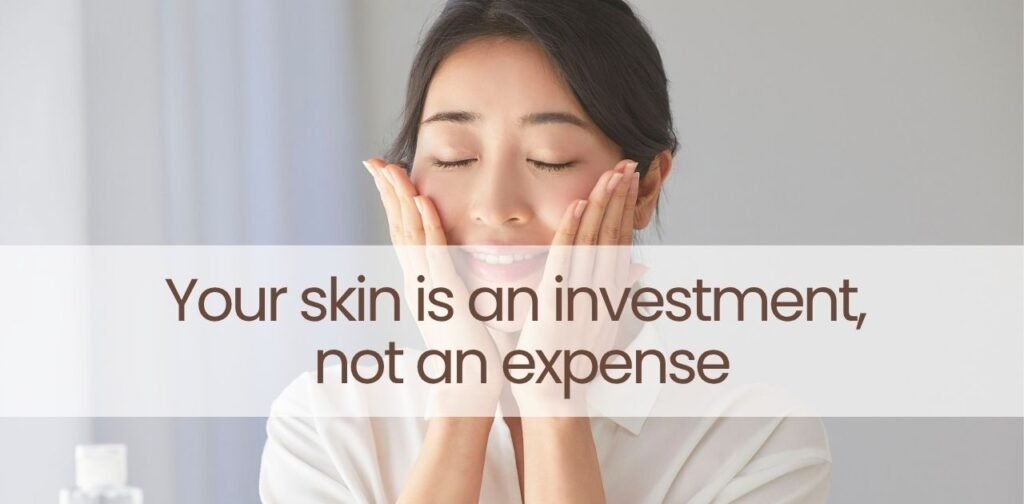 Healthy skin investment concept by Caremazic featuring a woman with clear, radiant skin.