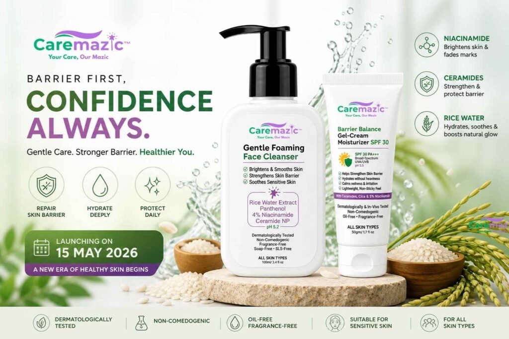 Caremazic Skincare barrier-repair products and brand launch announcement.