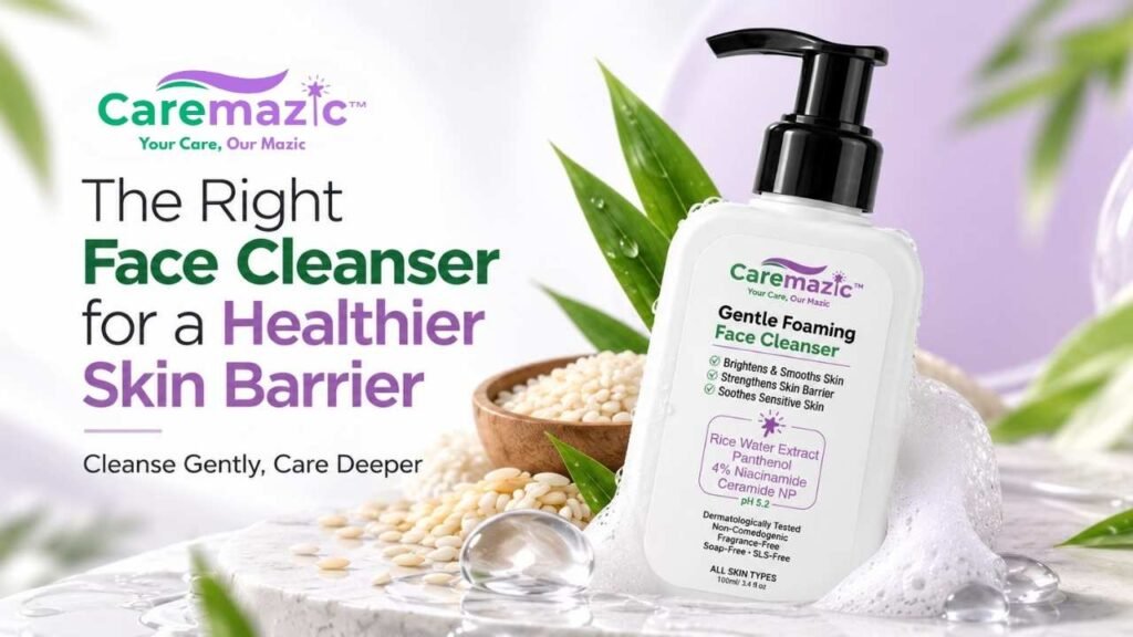Caremazic Gentle Foaming Face Cleanser with 4% niacinamide, Ceramide NP, panthenol and rice water extract for gentle cleansing and skin barrier care.